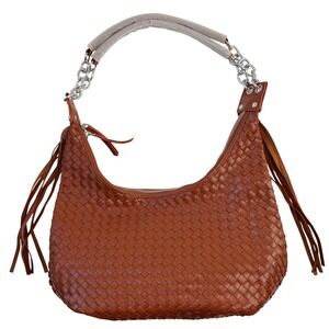 Vegan Leather NEW Woven Hobo Bag with Chain Strap and Tassels Zip Closure Brown